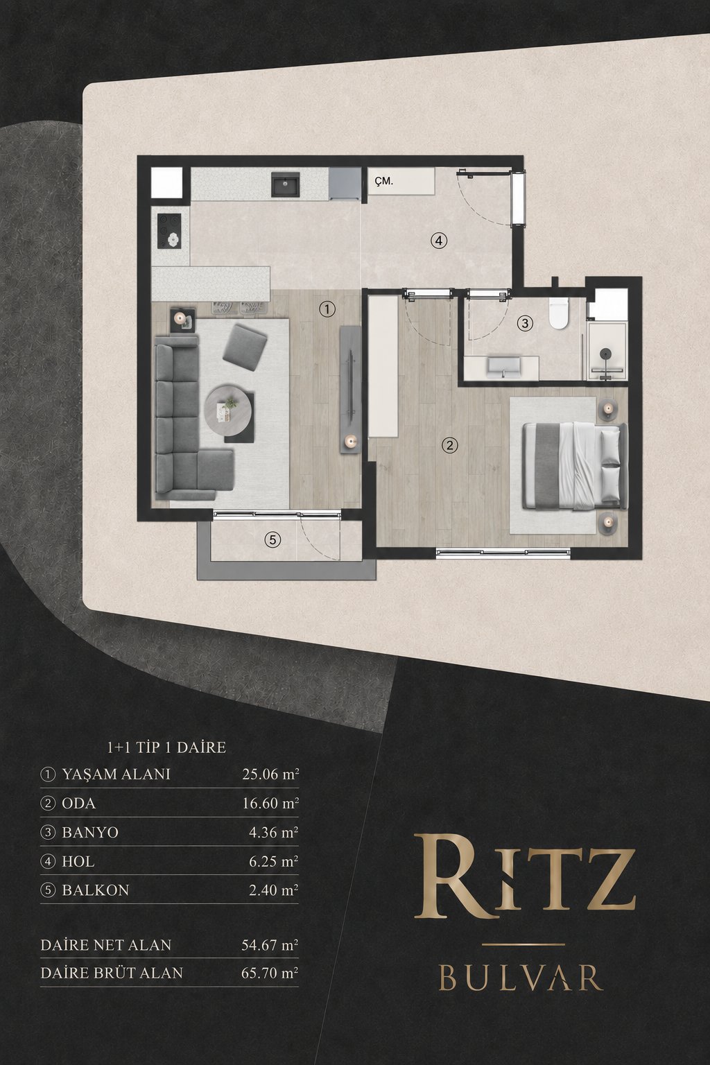 Ritz Bulvar 1+1 Tip 1 Daire Planı