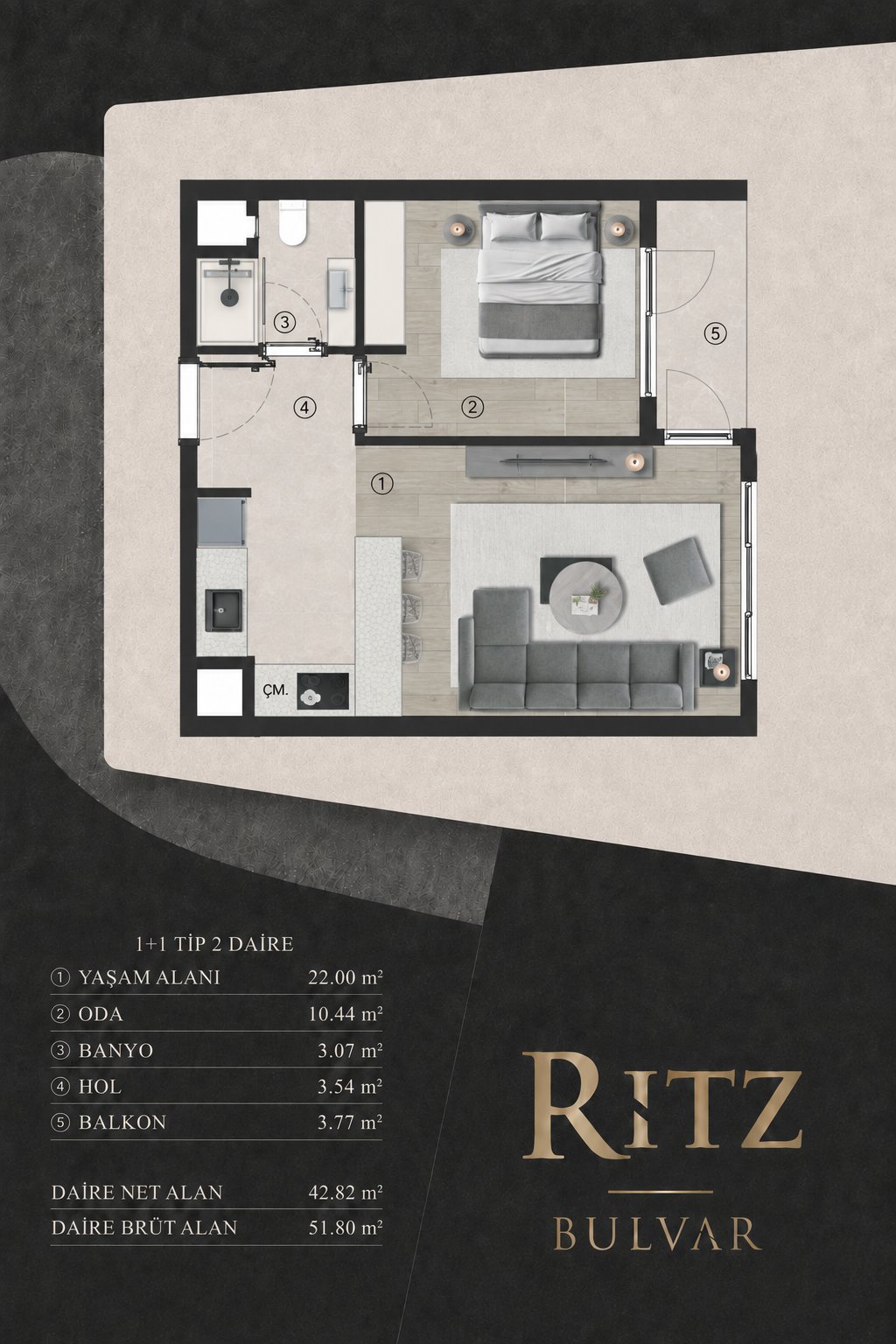 Ritz Bulvar 1+1 Tip 2 Daire Planı