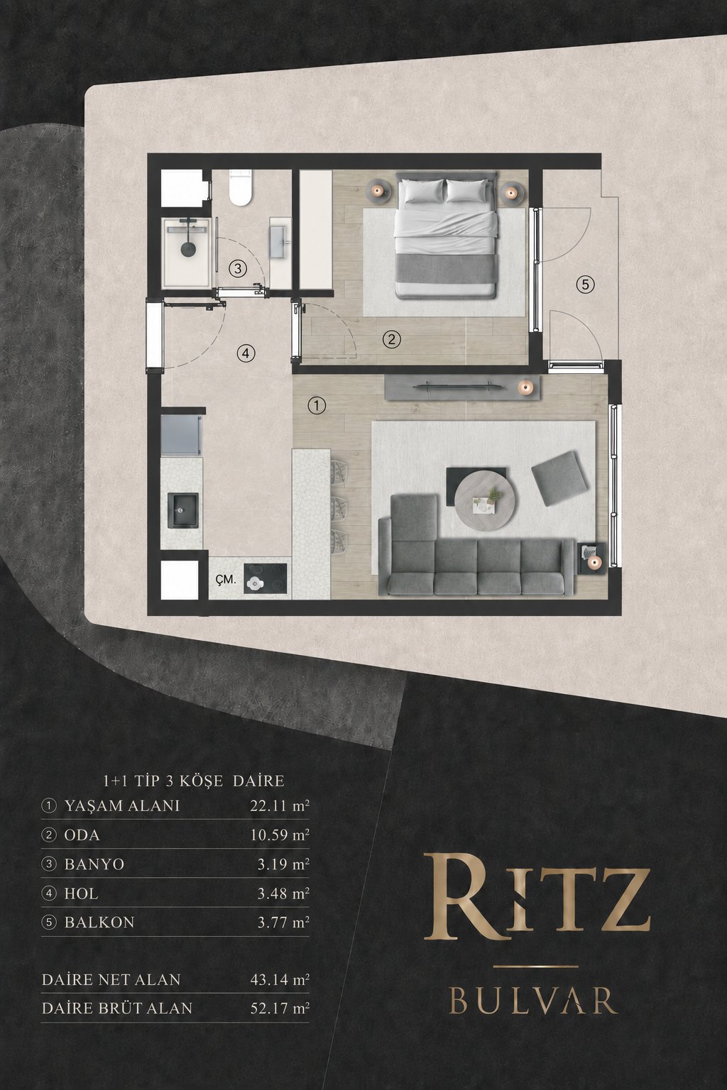 Ritz Bulvar 1+1 Tip 3 Köşe Daire Planı
